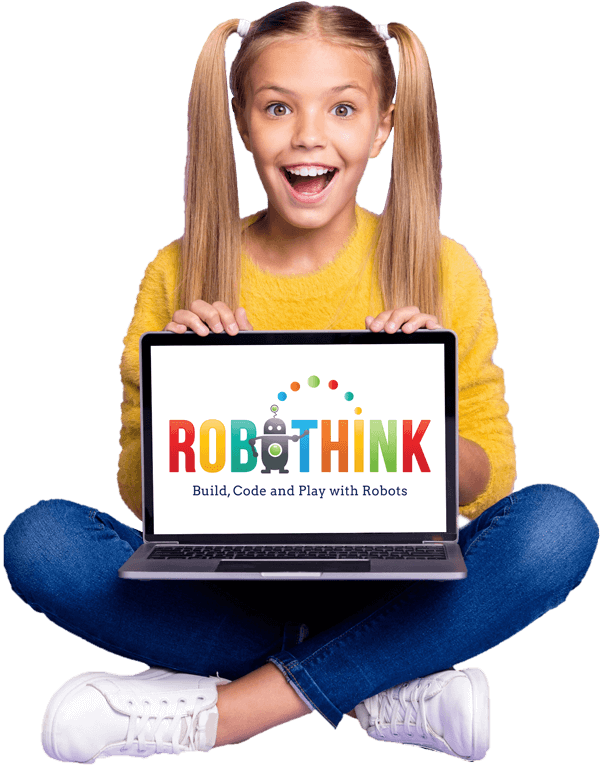 Girl showing laptop with RoboThink logo | Online STEM, Coding, Robotics, Engineering Programs